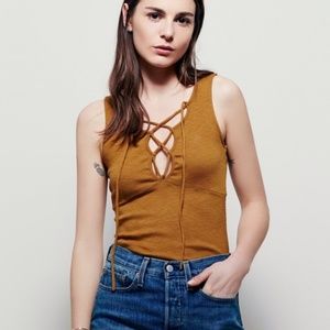 Free People | Lace Up Yellow Ribbed Tank Top